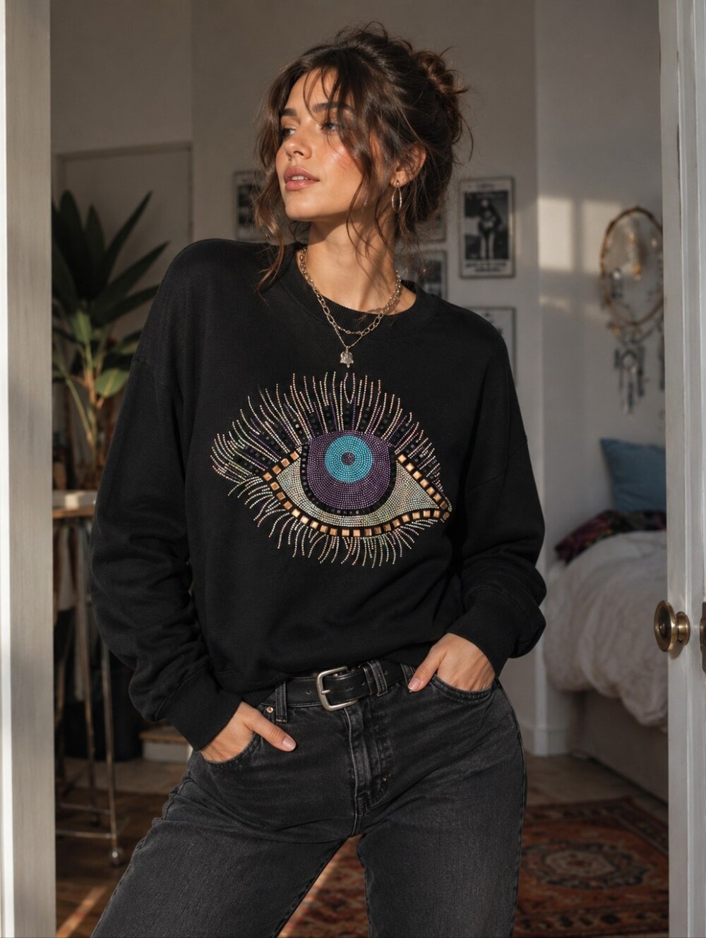 Women's Black Eye Graphic Sweatshirt with Embroidered Accent